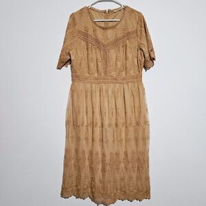 Roolee Dress XL Boho Peasant Floral Embroidered Overlay Midi Length Short Sleeve